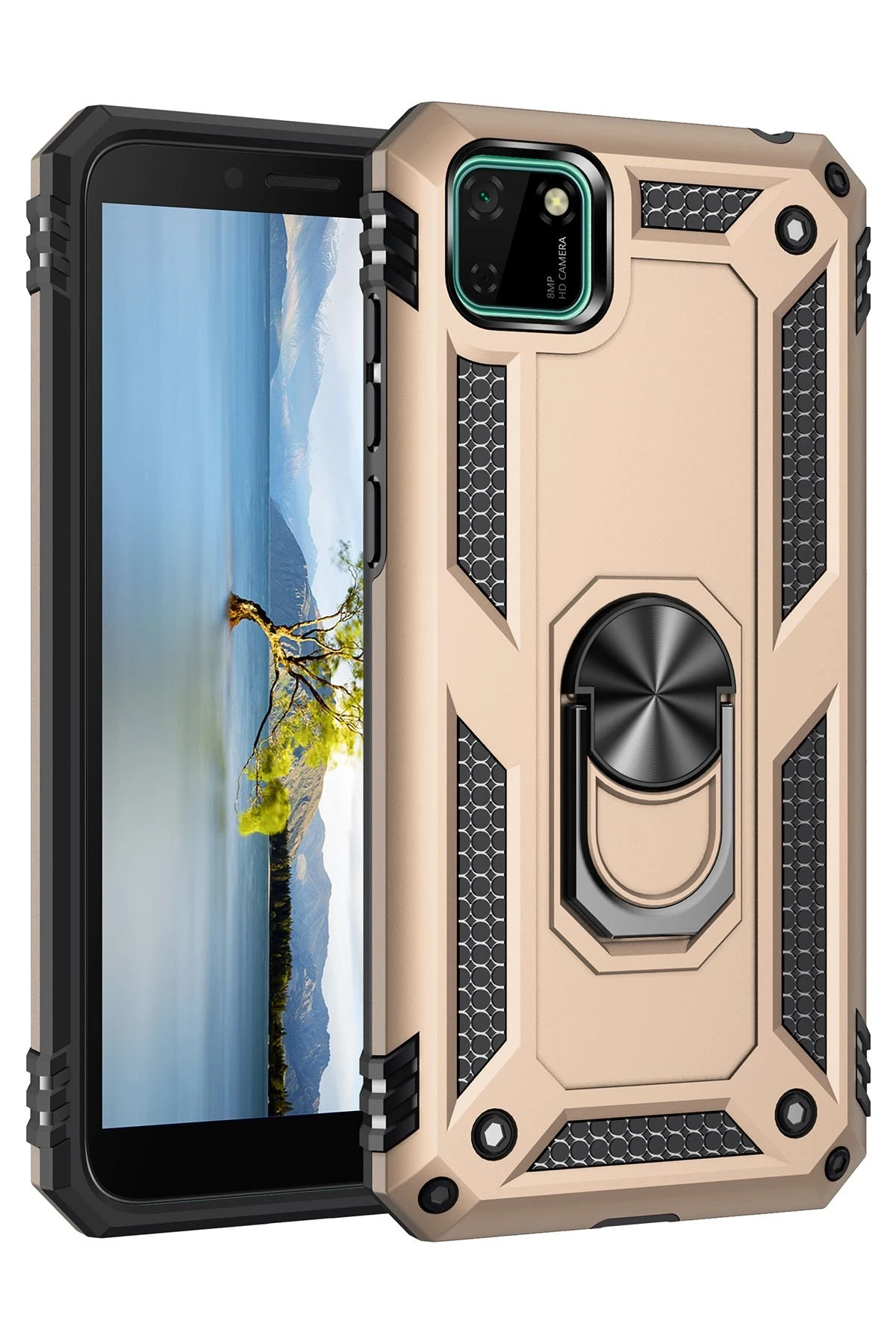Newface Huawei Y5P Kılıf Sofya Yüzüklü Silikon Kapak - Gold