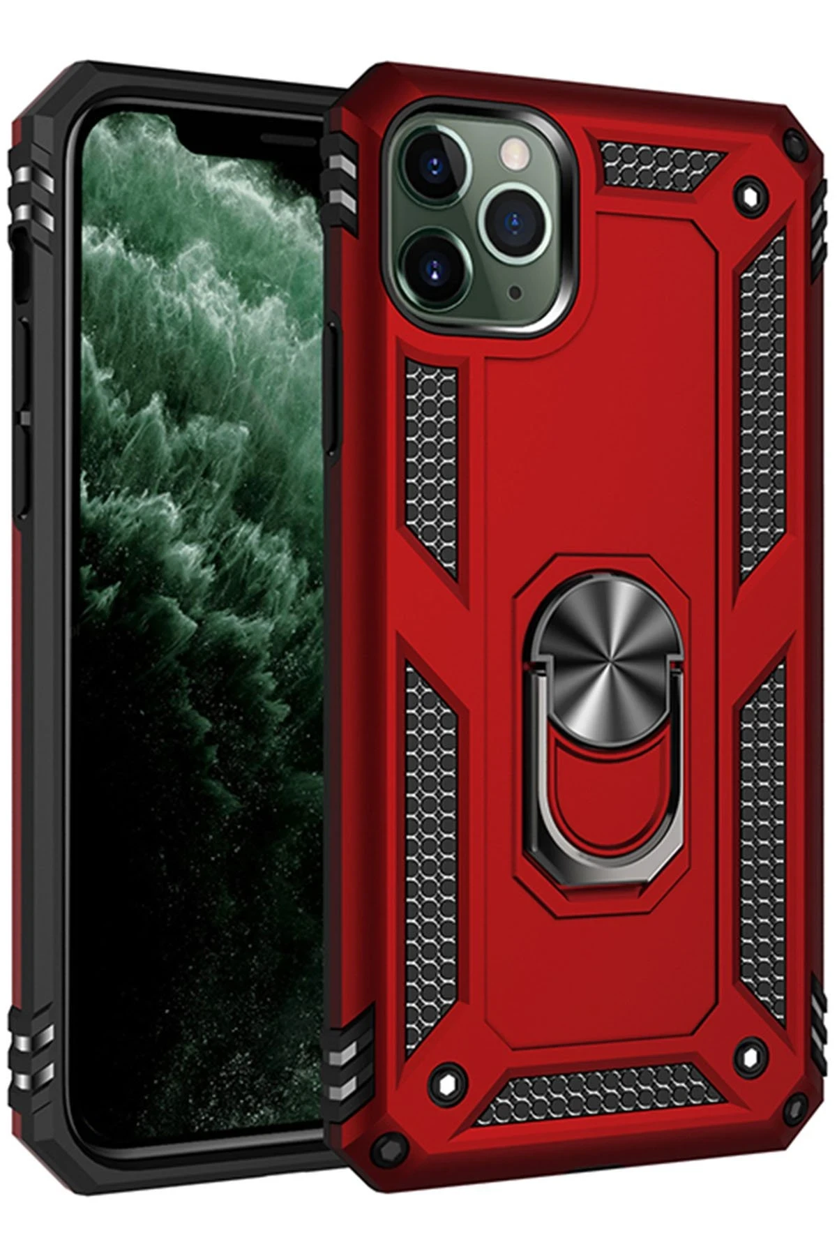 Newface iPhone 11 Pro Max Kılıf Sofya Yüzüklü Silikon Kapak - Kırmızı