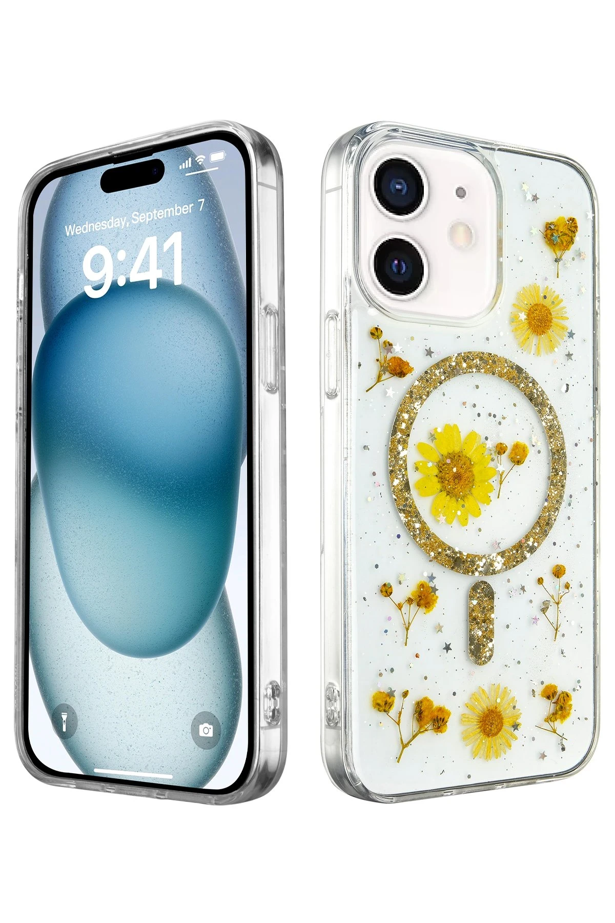 Newface iPhone 12 Kılıf Daisy Simli Magsafe Kapak - Gold