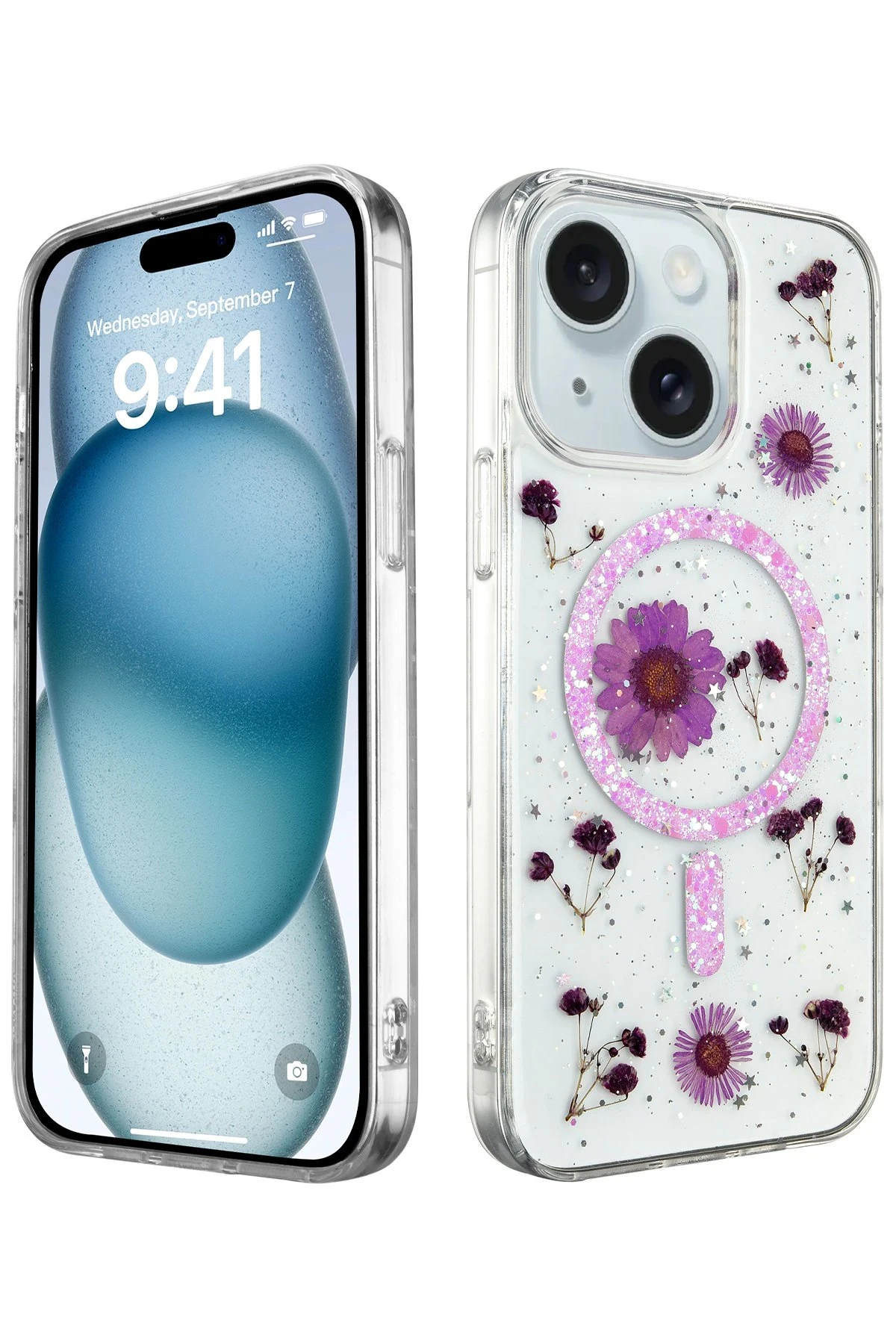 Newface iPhone 15 Kılıf Daisy Simli Magsafe Kapak - Mor