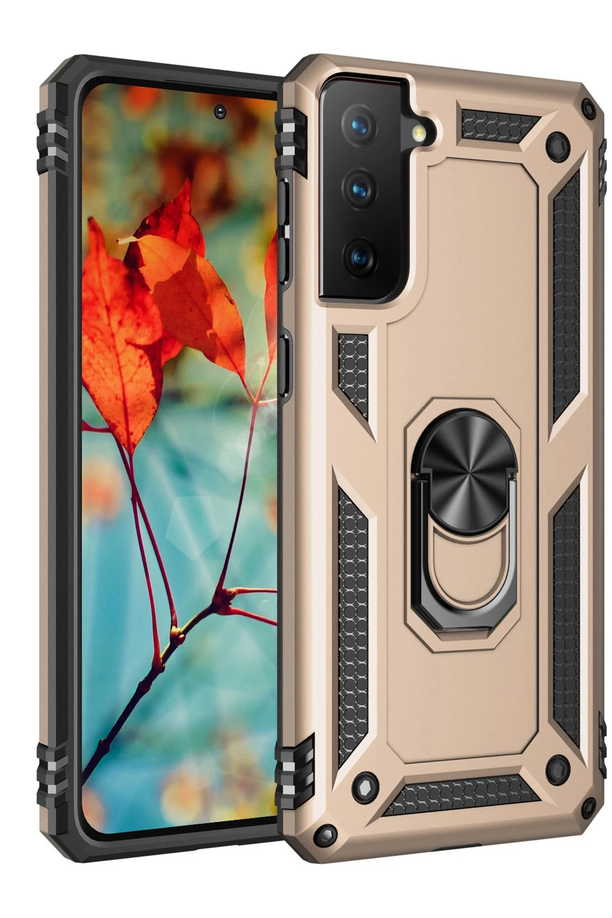 Newface Samsung Galaxy S21 Kılıf Sofya Yüzüklü Silikon Kapak - Gold