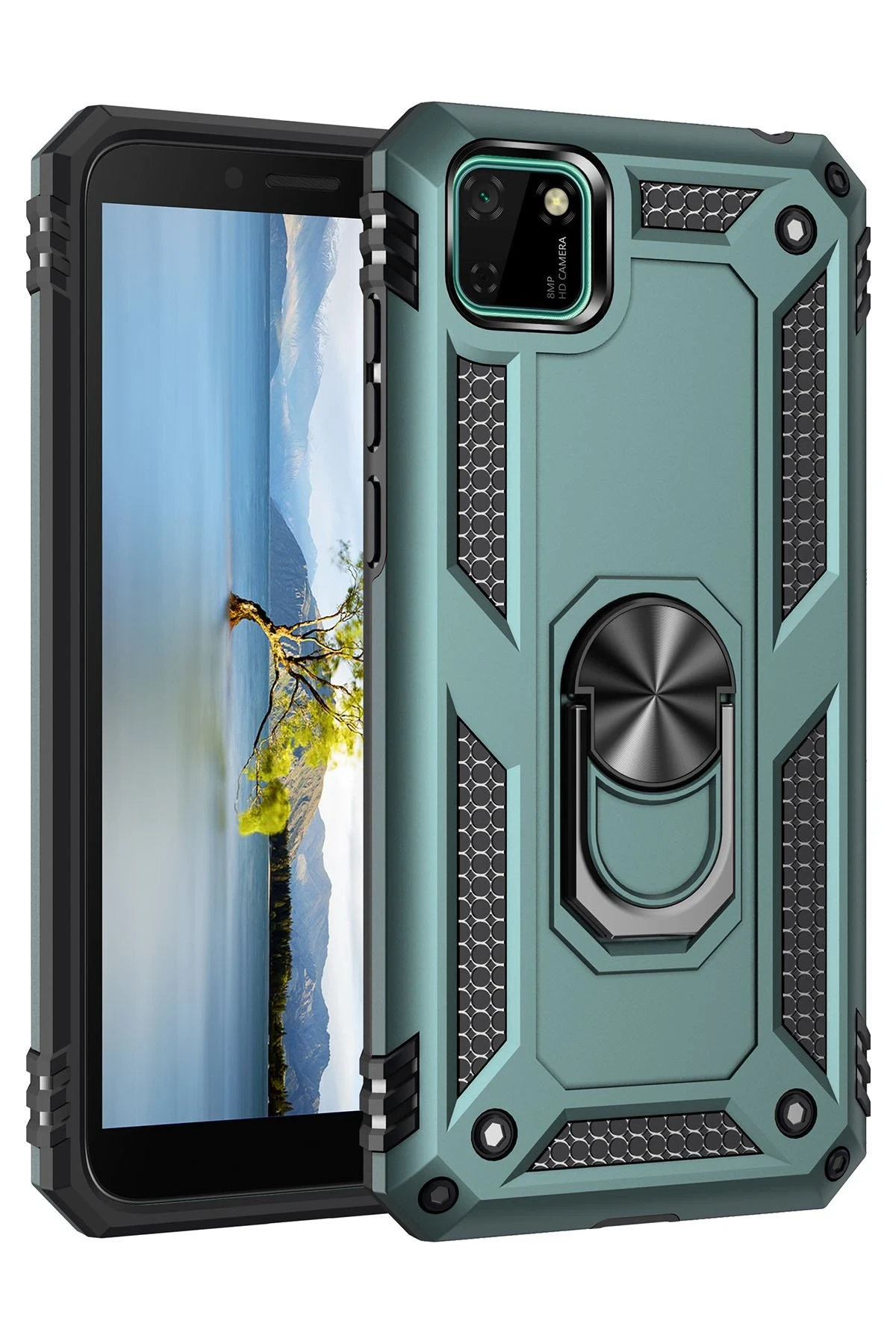 Newface Huawei Y5P Kılıf Sofya Yüzüklü Silikon Kapak - Yeşil