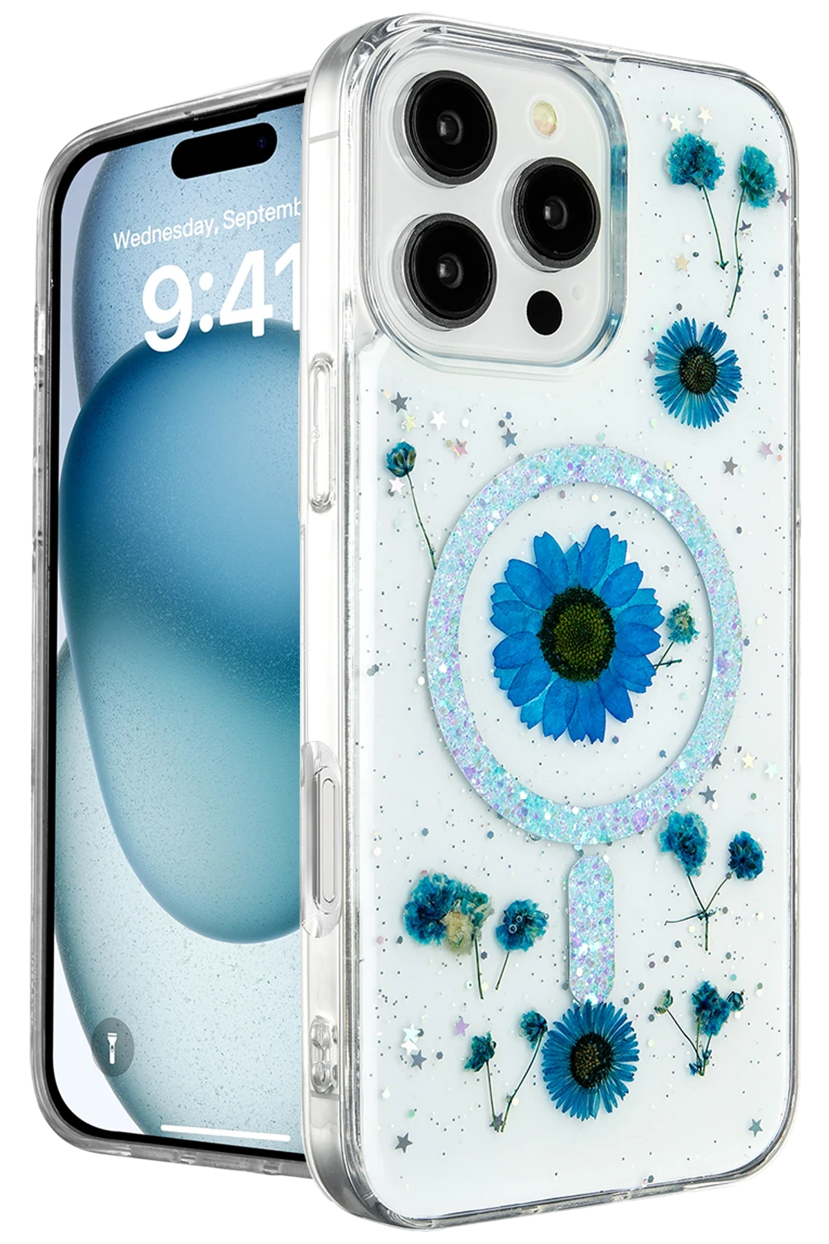Newface iPhone 16 Pro Kılıf Daisy Simli Magsafe Kapak - Mavi