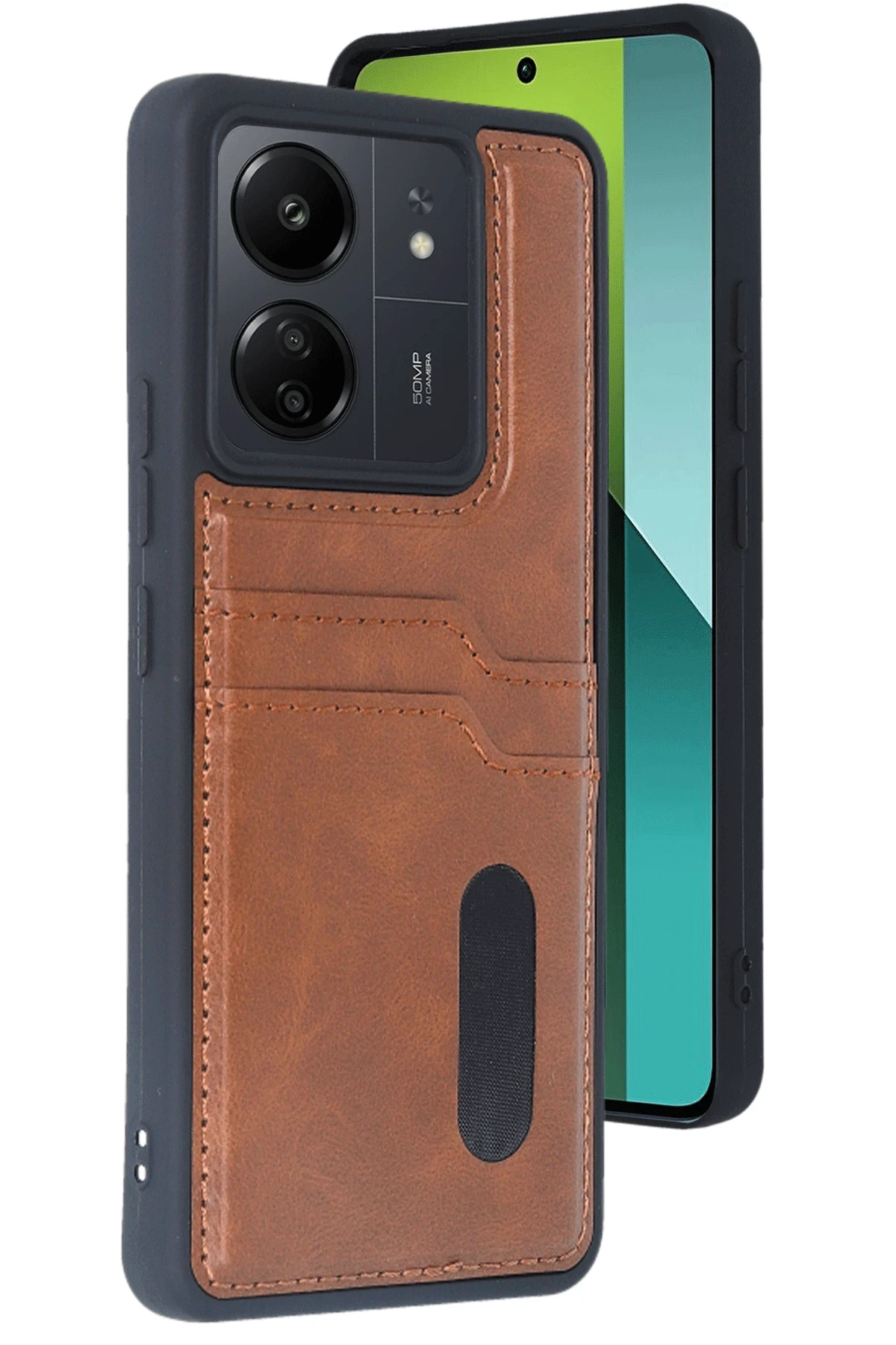 Newface Xiaomi Redmi 13C Kılıf Sara Kartvizitli Deri Kılıf - Taba