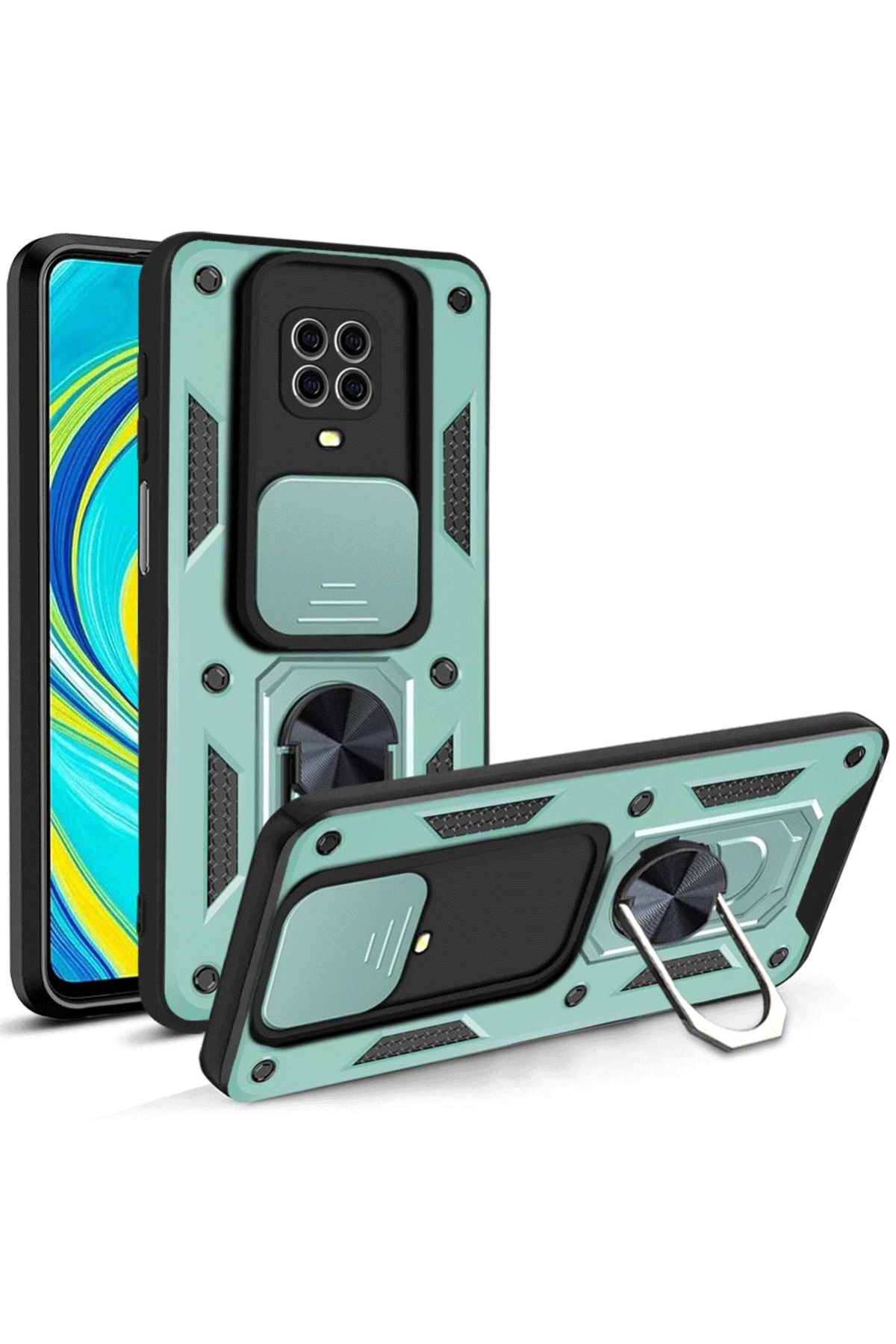 Newface Xiaomi Redmi Note 9 Pro Kılıf Pars Lens Yüzüklü Silikon - Yeşil