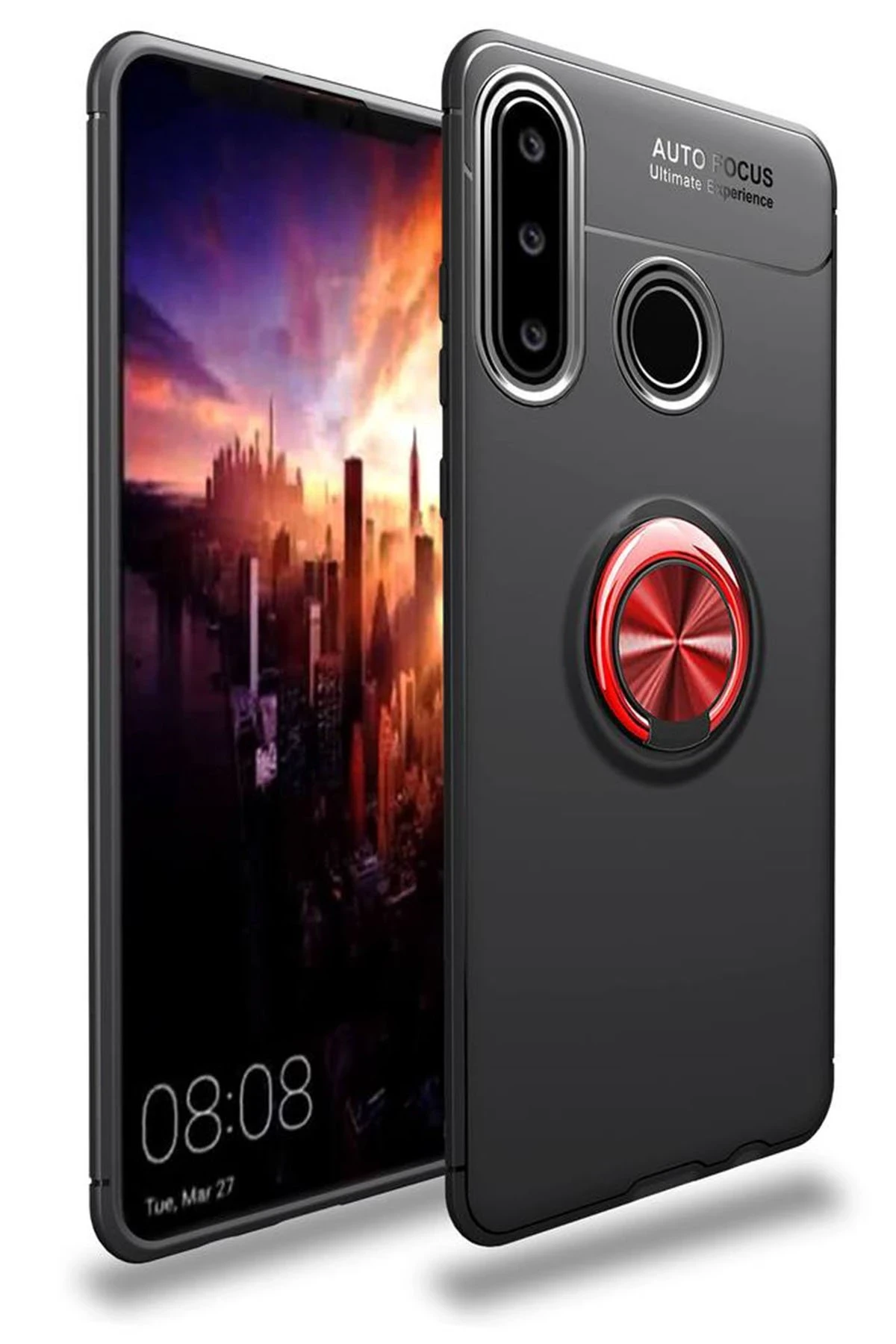 Newface Huawei Y6P Kılıf Range Yüzüklü Silikon - Siyah-Kırmızı