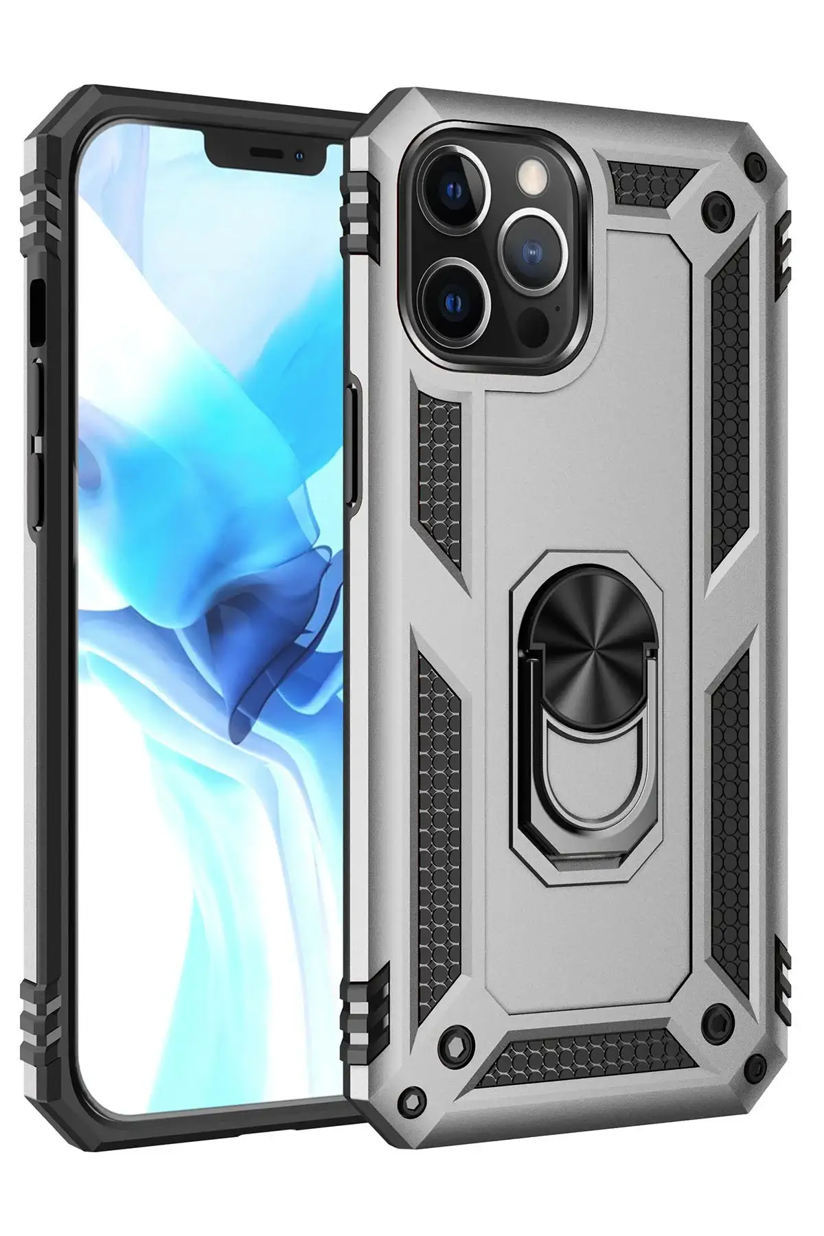 Newface iPhone 12 Pro Max Kılıf Sofya Yüzüklü Silikon Kapak - Gümüş