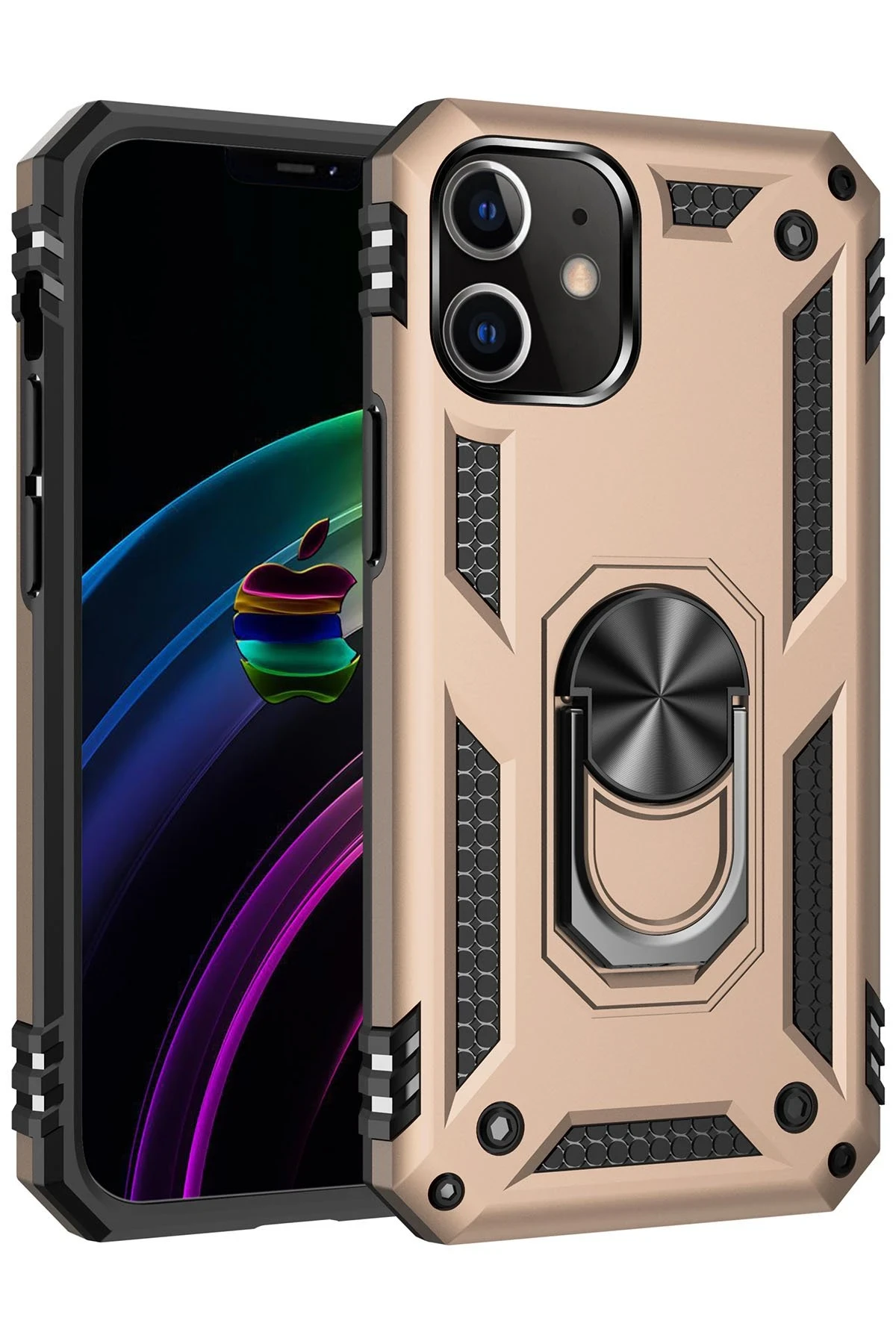 Newface iPhone 12 Kılıf Sofya Yüzüklü Silikon Kapak - Gold