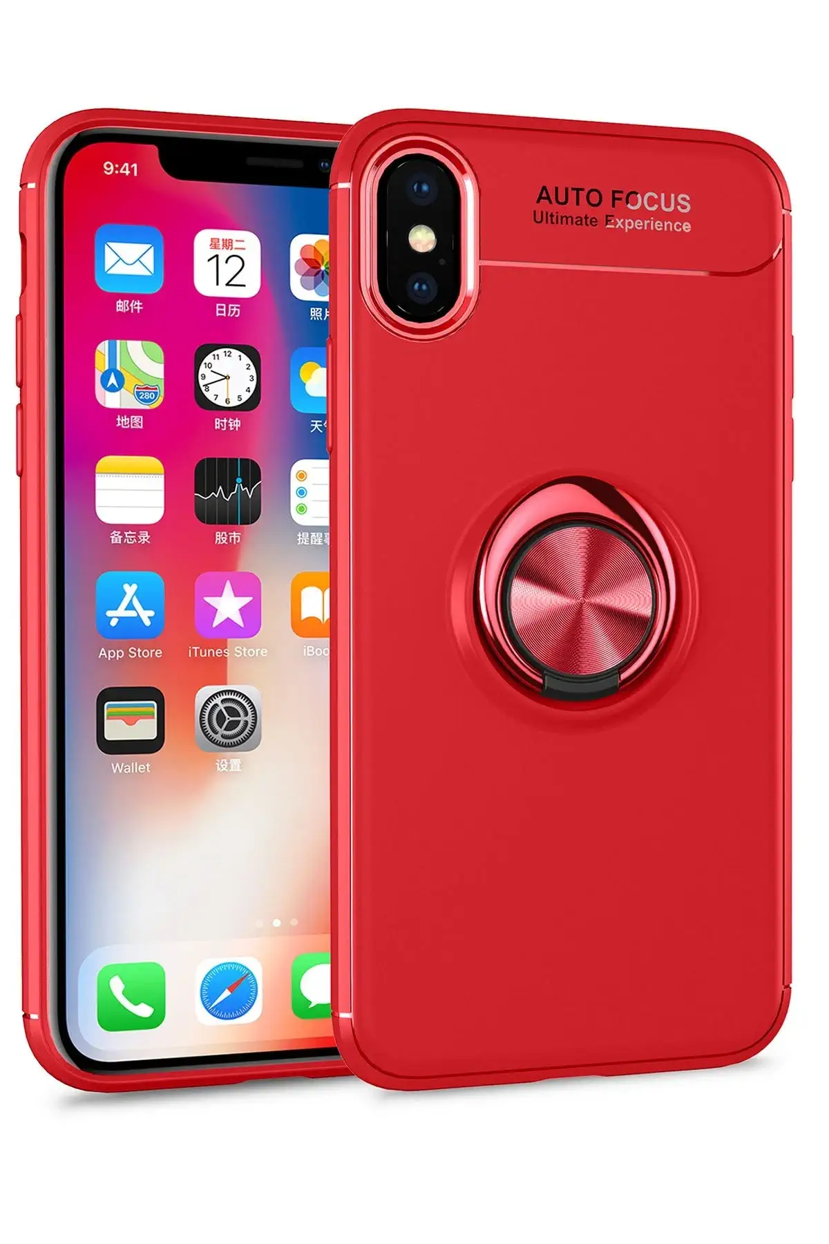 Newface iPhone XS Kılıf Range Yüzüklü Silikon - Kırmızı