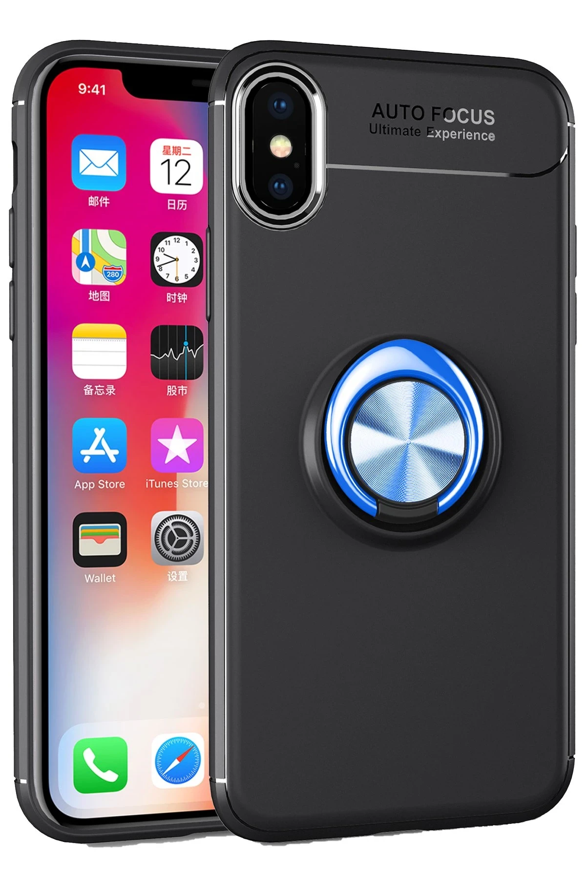 Newface iPhone XS Kılıf Range Yüzüklü Silikon - Siyah-Mavi