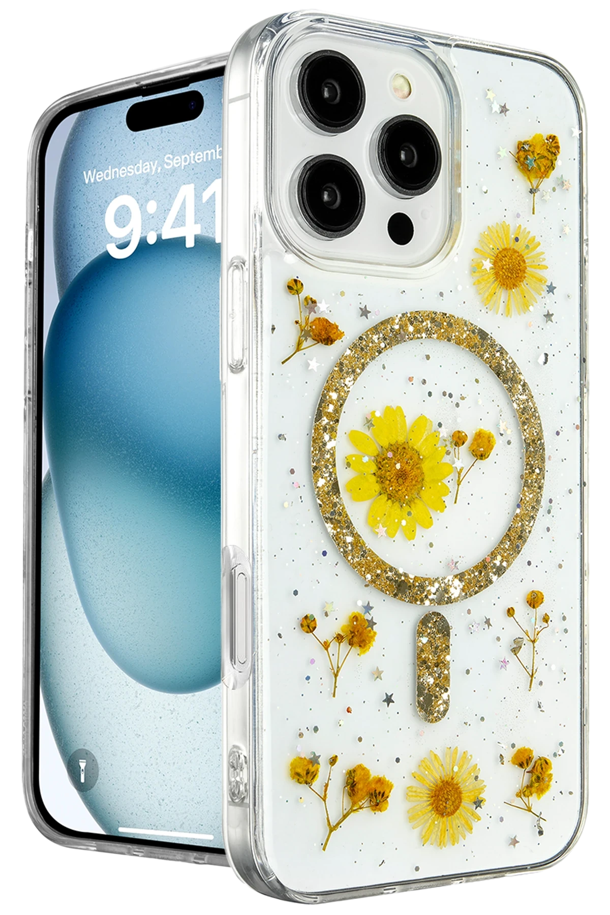 Newface iPhone 16 Pro Max Kılıf Daisy Simli Magsafe Kapak - Gold