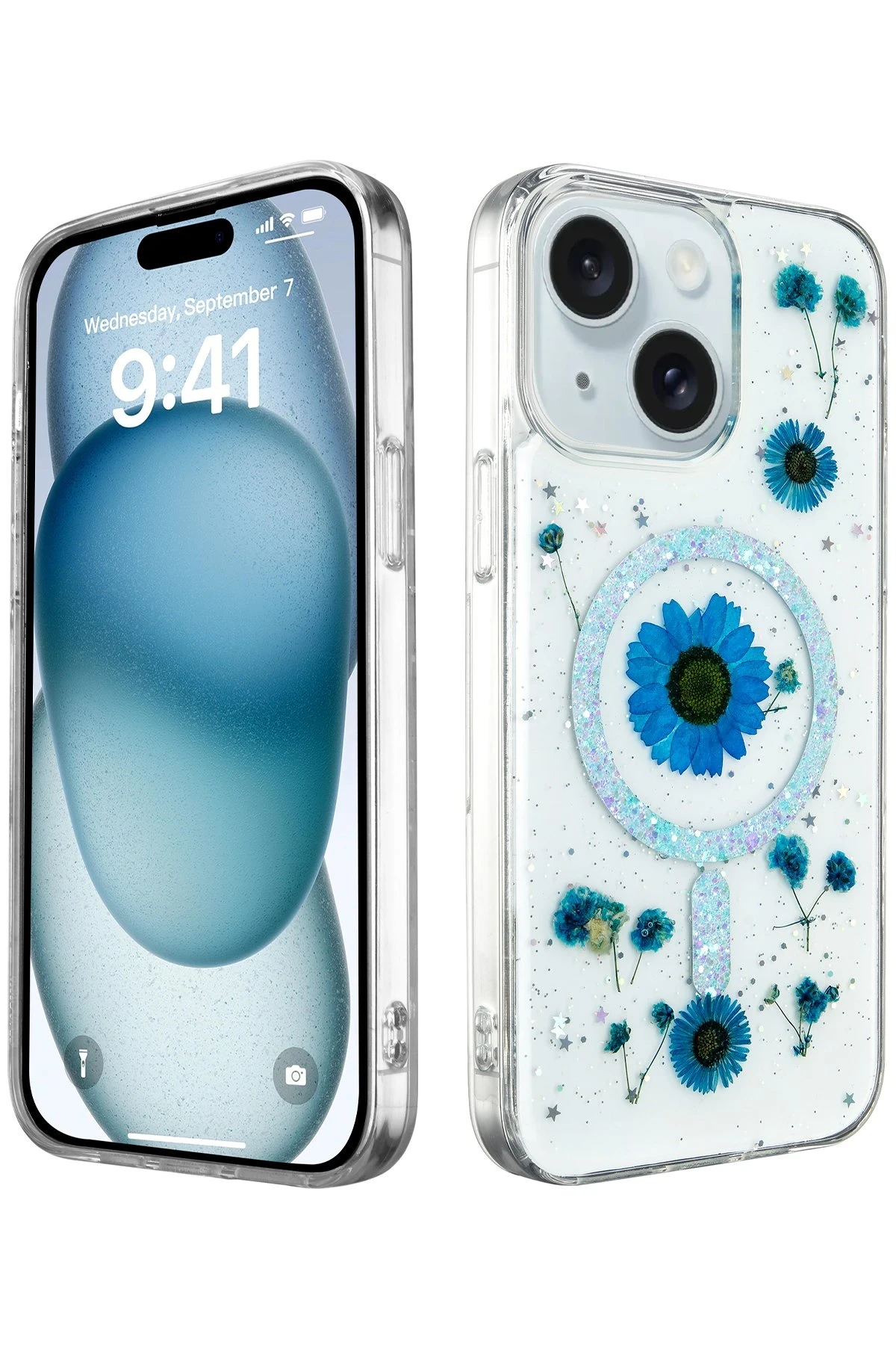 Newface iPhone 14 Kılıf Daisy Simli Magsafe Kapak - Mavi