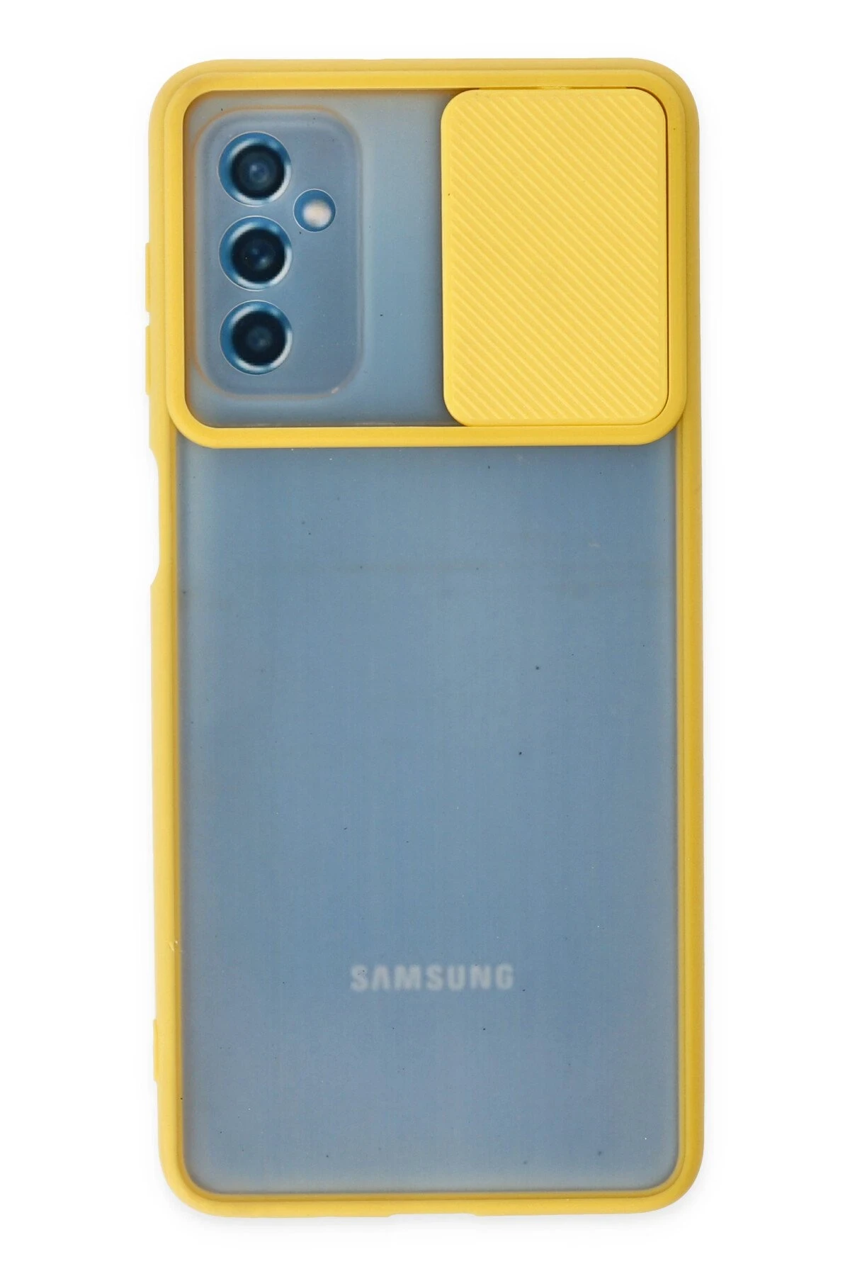 Newface Samsung Galaxy M52 5G Kılıf Palm Buzlu Kamera Sürgülü Silikon - Sarı