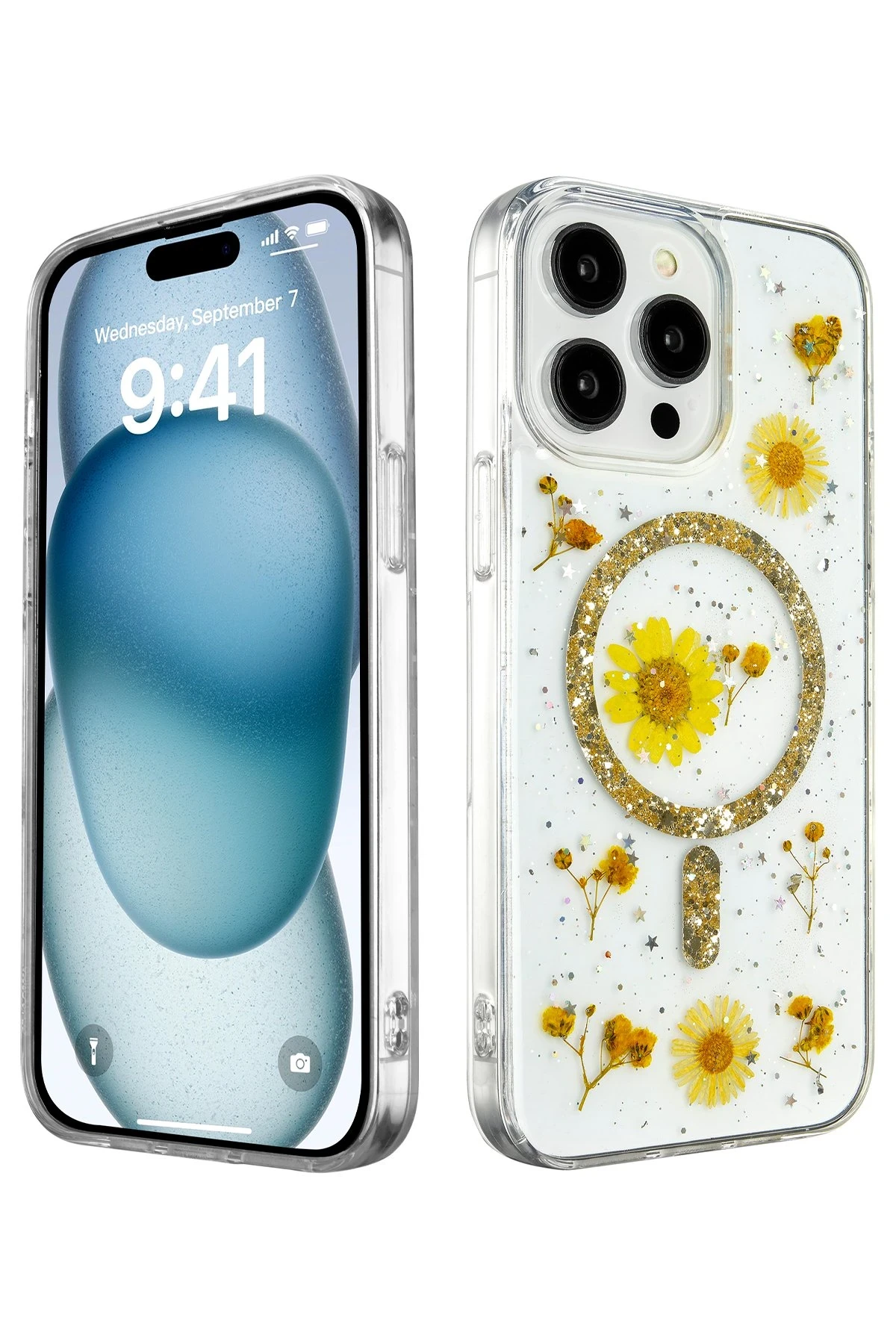 Newface iPhone 14 Pro Max Kılıf Daisy Simli Magsafe Kapak - Gold