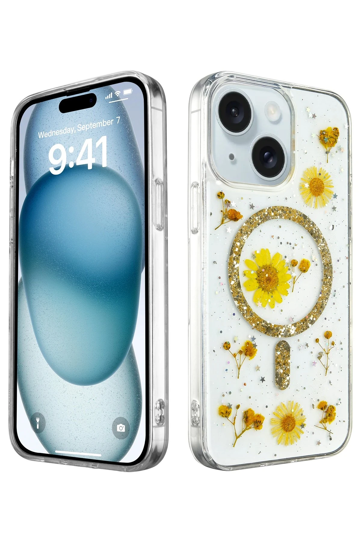 Newface iPhone 15 Kılıf Daisy Simli Magsafe Kapak - Gold