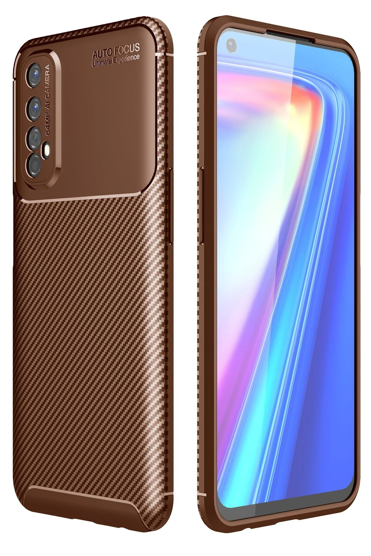 Newface Realme 7 Kılıf Auto Focus Karbon Kapak - Kahverengi