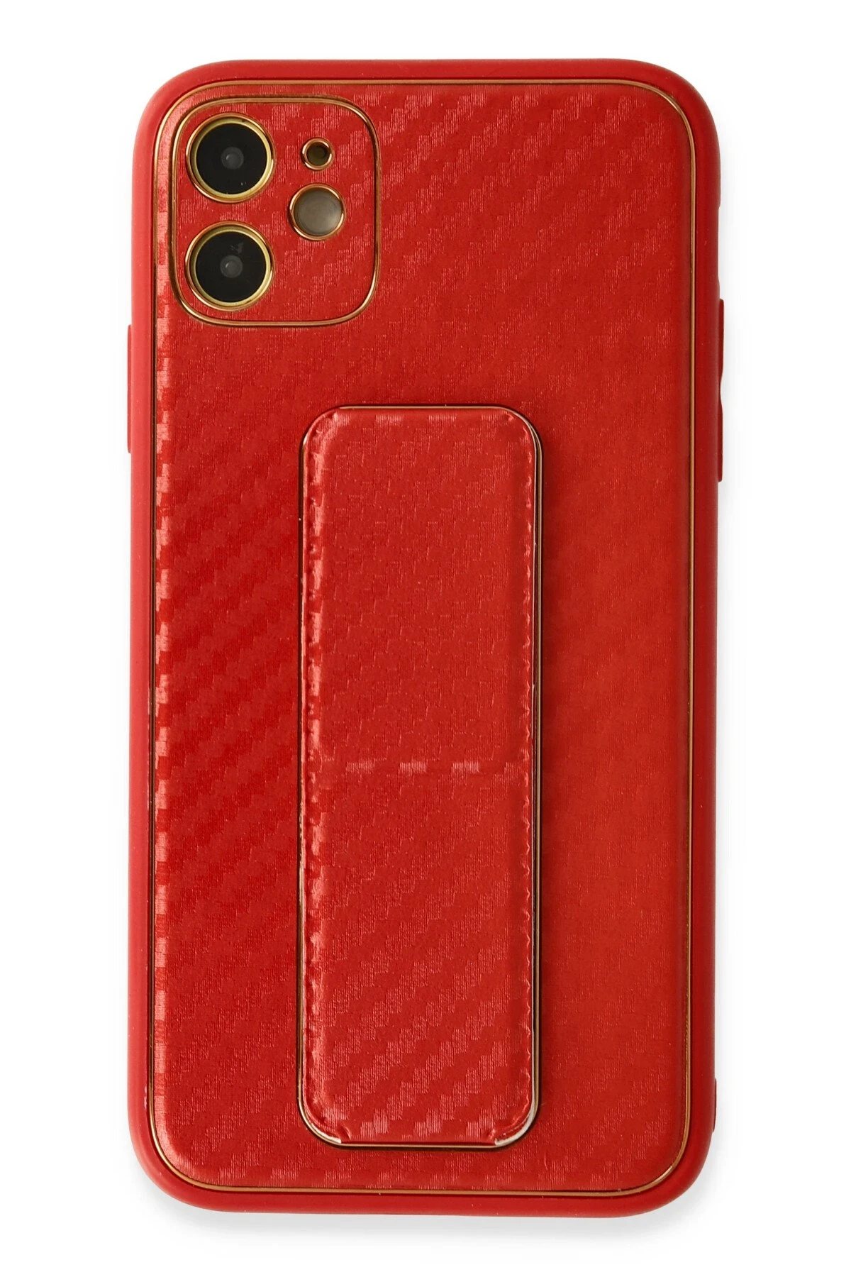 Newface iPhone 12 Kılıf Coco Karbon Standlı Kapak - Kırmızı