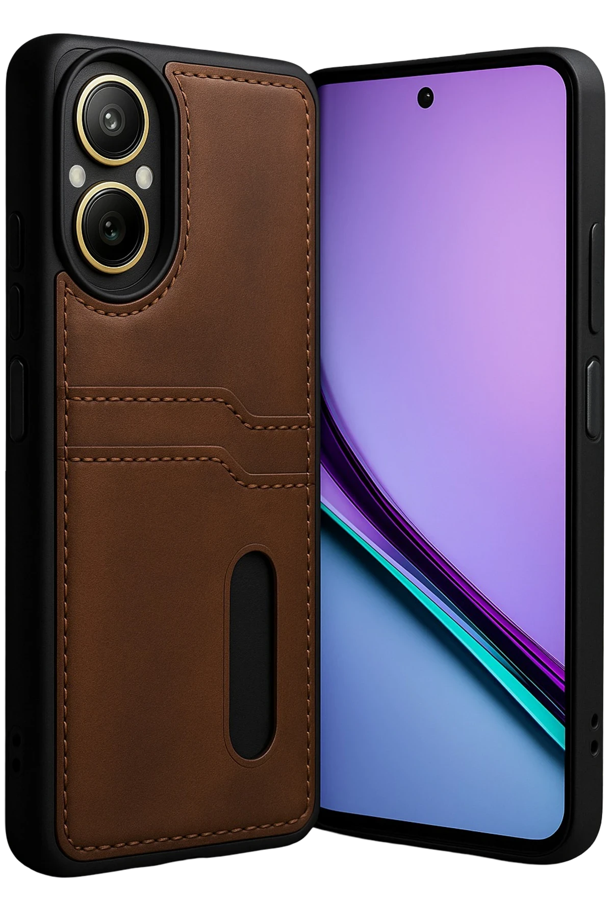 Newface Realme 12 Lite Kılıf Sara Kartvizitli Deri Kılıf - Taba