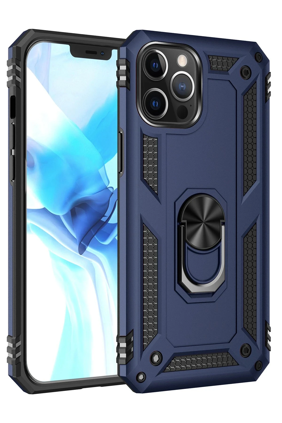 Newface iPhone 12 Pro Max Kılıf Sofya Yüzüklü Silikon Kapak - Lacivert