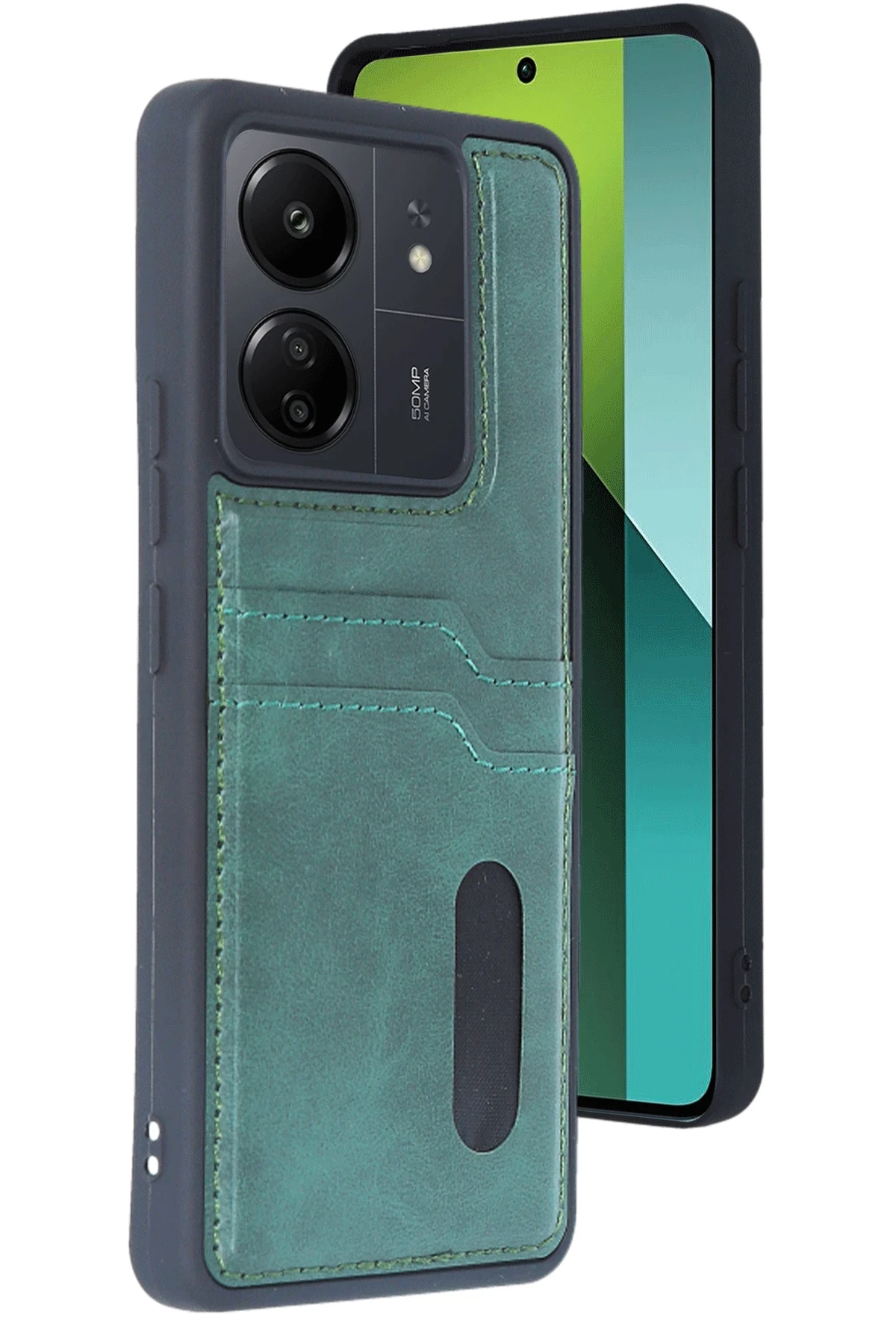 Newface Xiaomi Redmi 13C Kılıf Sara Kartvizitli Deri Kılıf - Koyu Yeşil
