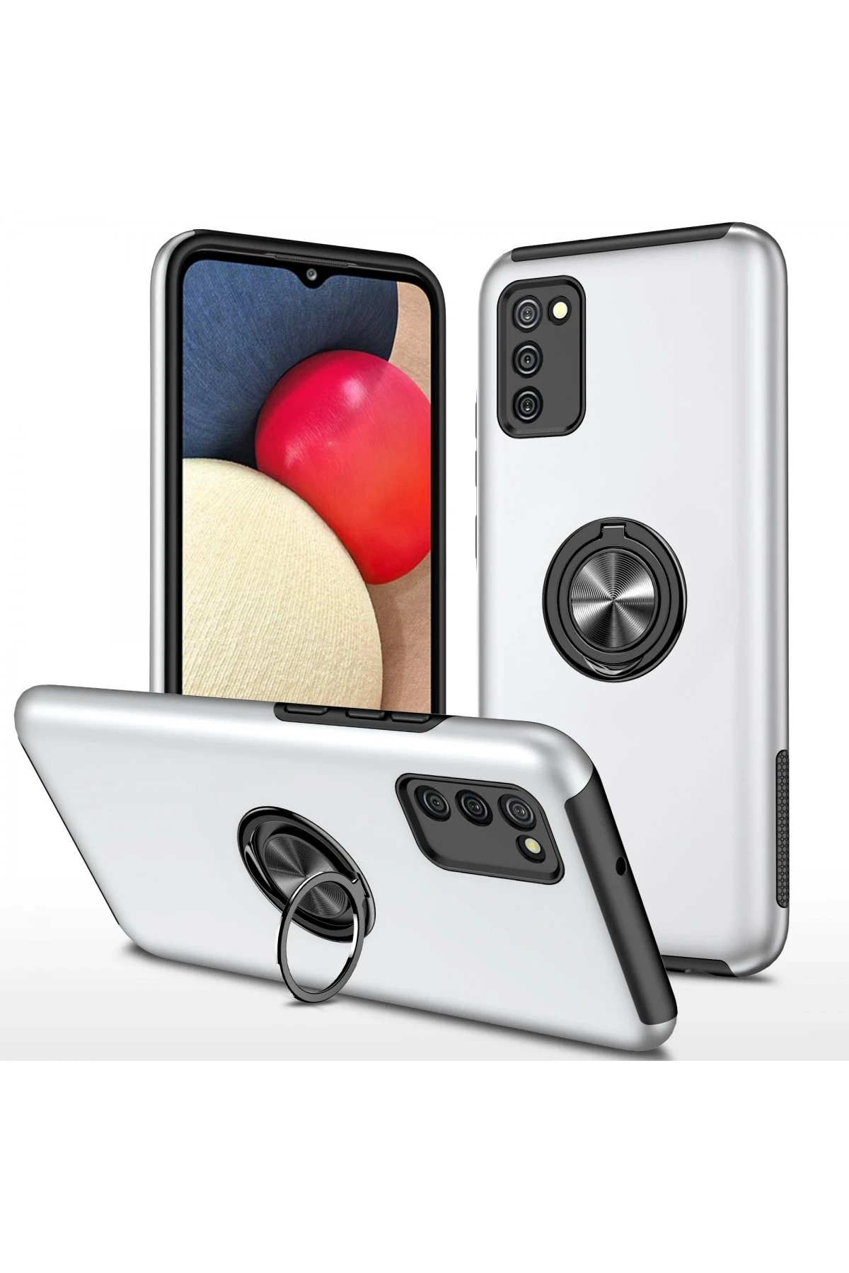 Newface Samsung Galaxy A02S Kılıf Elit Yüzüklü Kapak - Gümüş